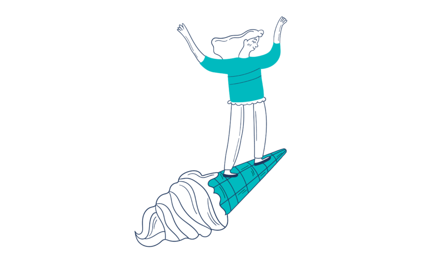 The image shows an illustration of a woman standing on an ice cream cone
