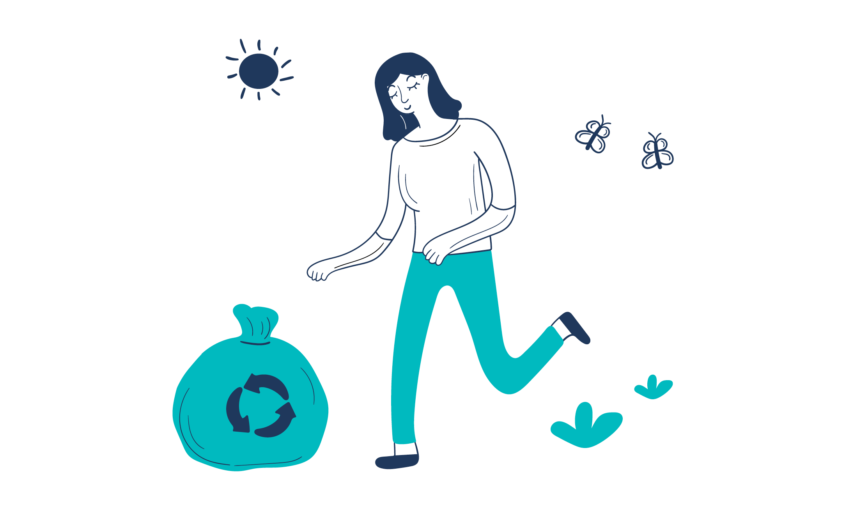 Illustration of woman picking up litter in nature