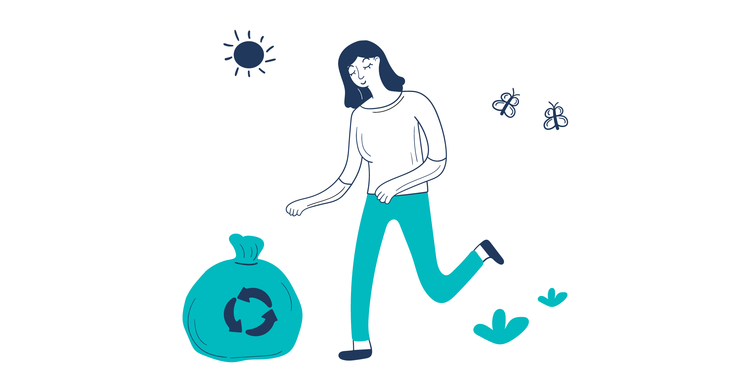 Illustration of woman picking up litter in nature