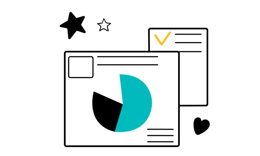 Illustration of pages with text and charts