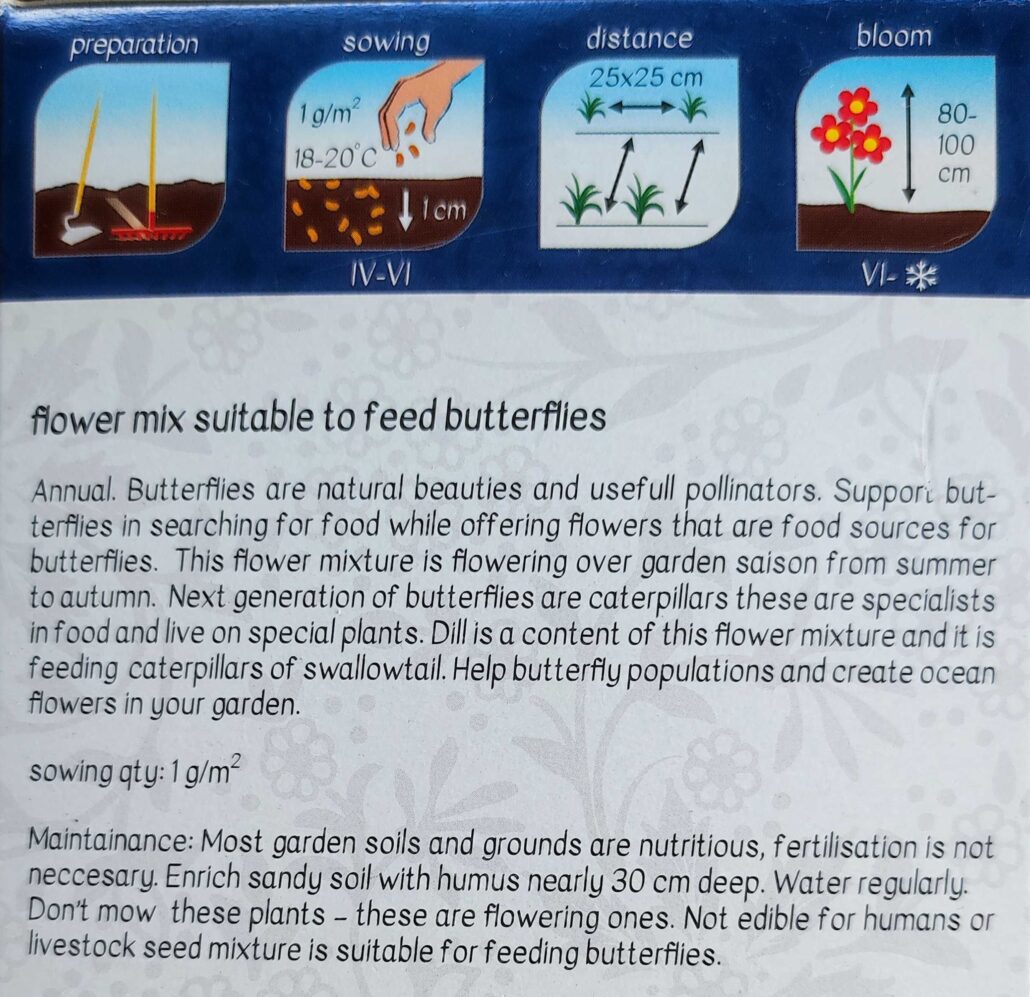 English translation on the packaging of a seed packet