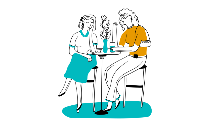 Illustration of two women having a friendly chat in a café