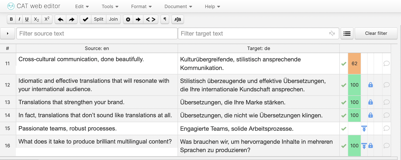 Screenshot of a file being translated in a professional translation tool (in this case Phrase).
