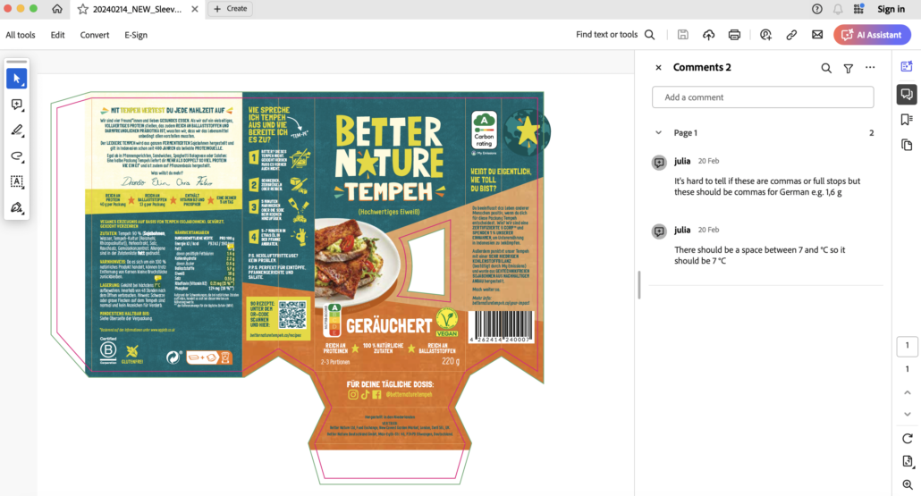 German packaging translation for Better Nature Tempeh