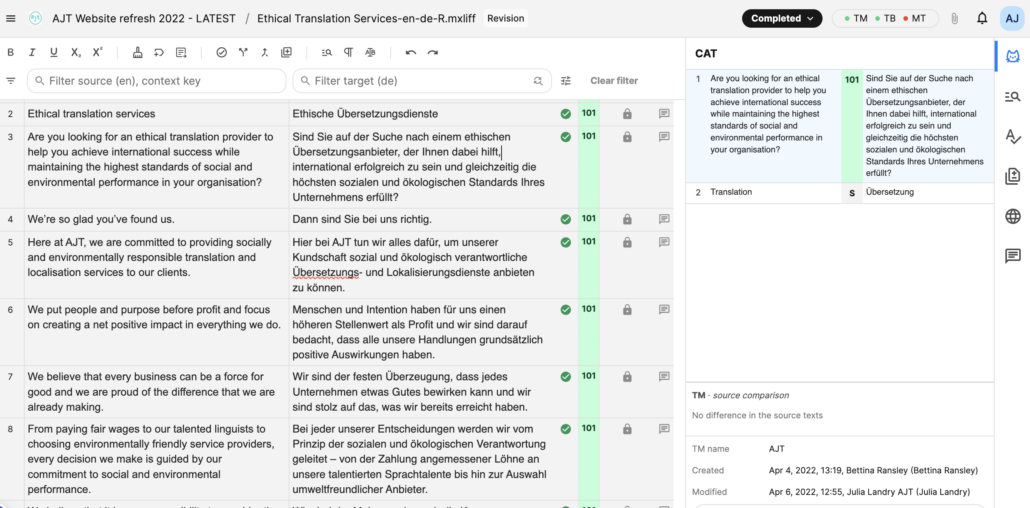 Screenshot of a computer aided translation tool