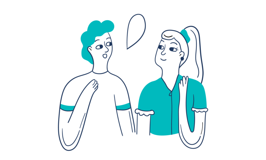 Illustration of man and woman talking to each other and smiling
