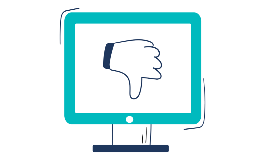 Illustration of a desktop computer that's displaying a thumbs down icon to illustrate that a bad translation can negatively impact on a website's search engine ranking
