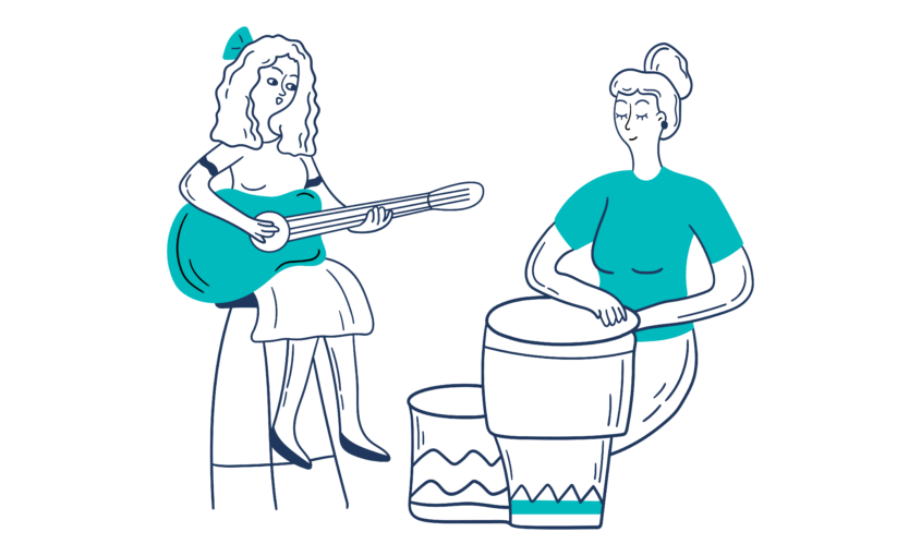 Illustration of two smiling women facing each other making music together. The woman on the left is sitting on a chair playing the guitar and the woman on the right is sitting on the floor playing bongo drums with her hands.