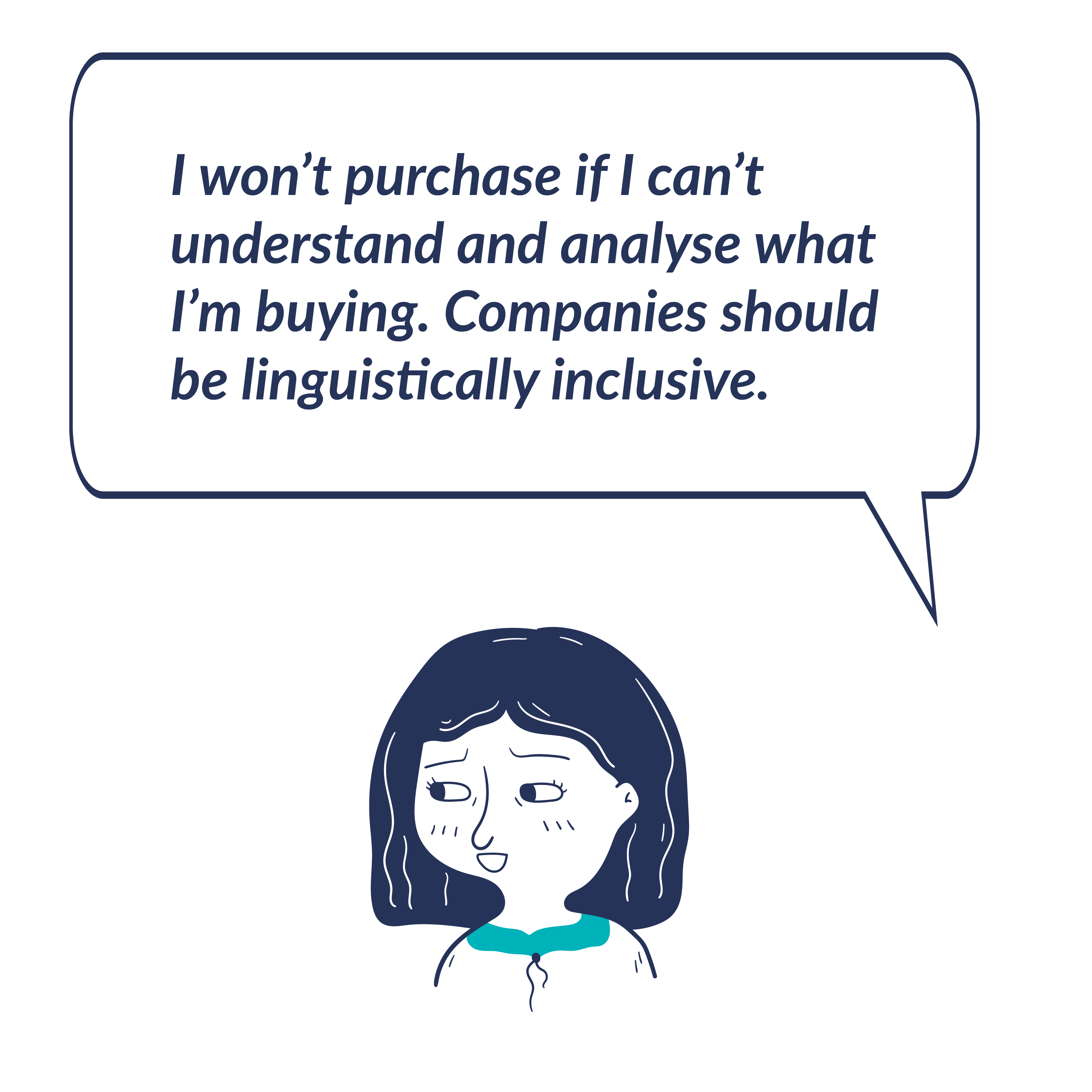 Illustration of woman saying the following sentence: I won’t purchase if I can’t understand and analyse what I’m buying. Companies should be linguistically inclusive.