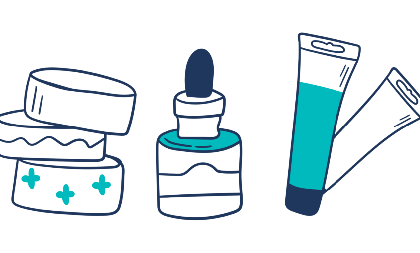 Illustration of various beauty products like lotions, creams and powders.