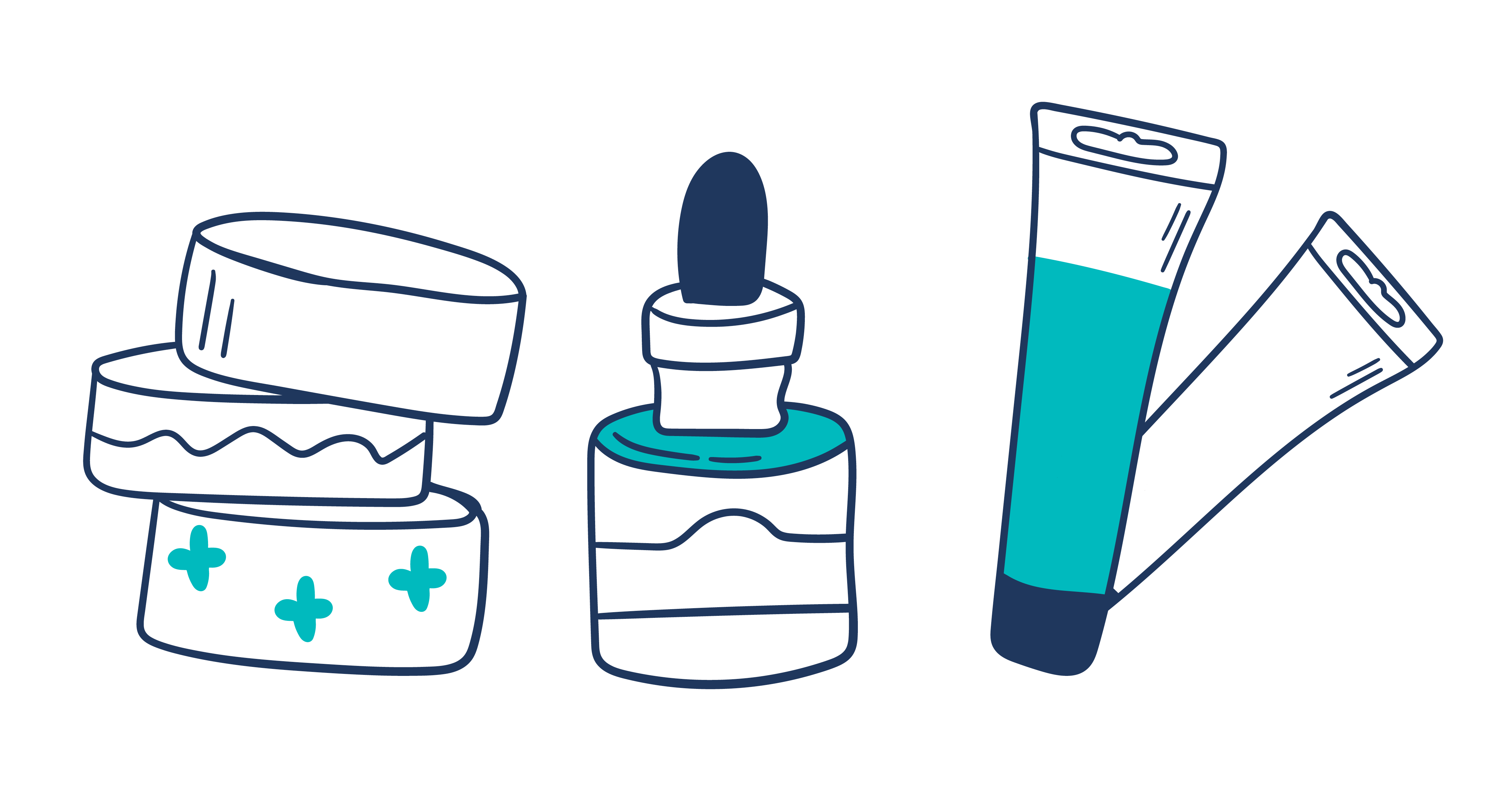 Illustration of various beauty products like lotions, creams and powders.