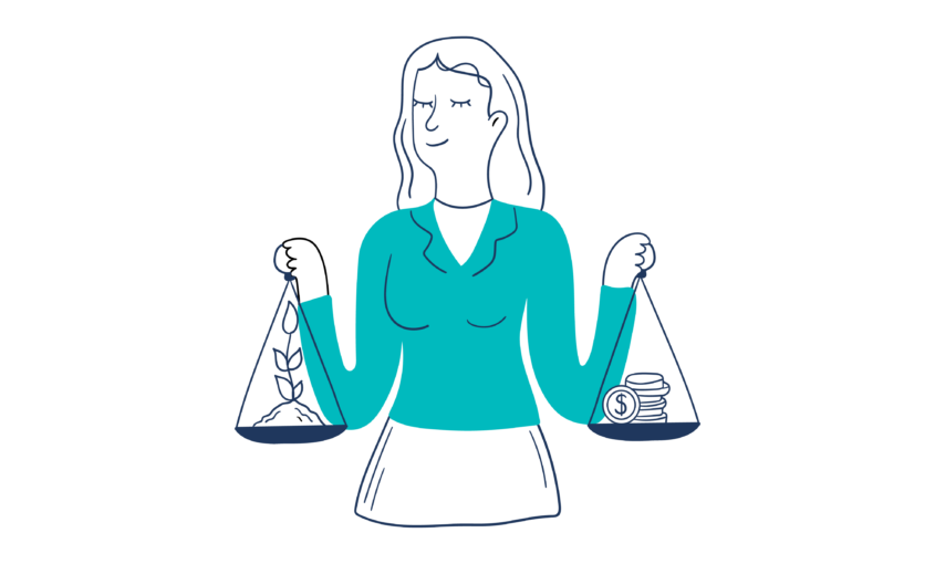 Illustration of a smiling woman balancing a scale with a plant in her left hand, and a scale with money in her right hand.