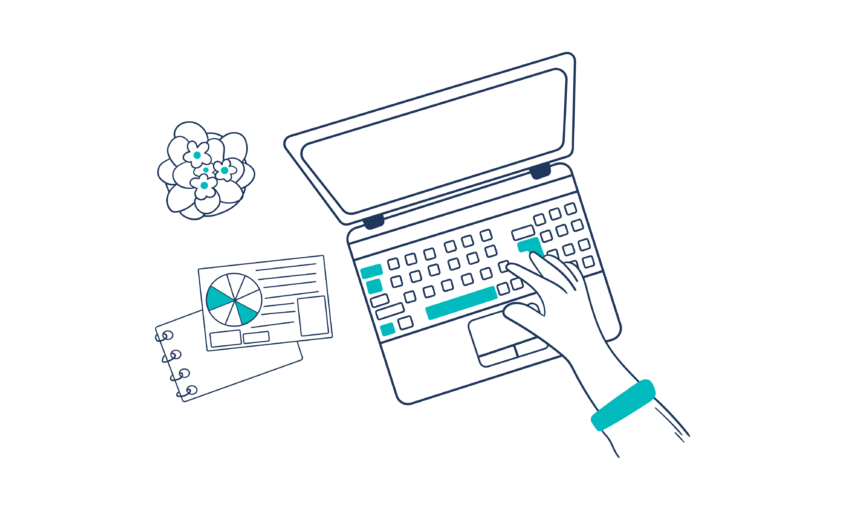Illustration of a desk with an open laptop and notes and graphs on the side. a Hand is typing on the laptop.