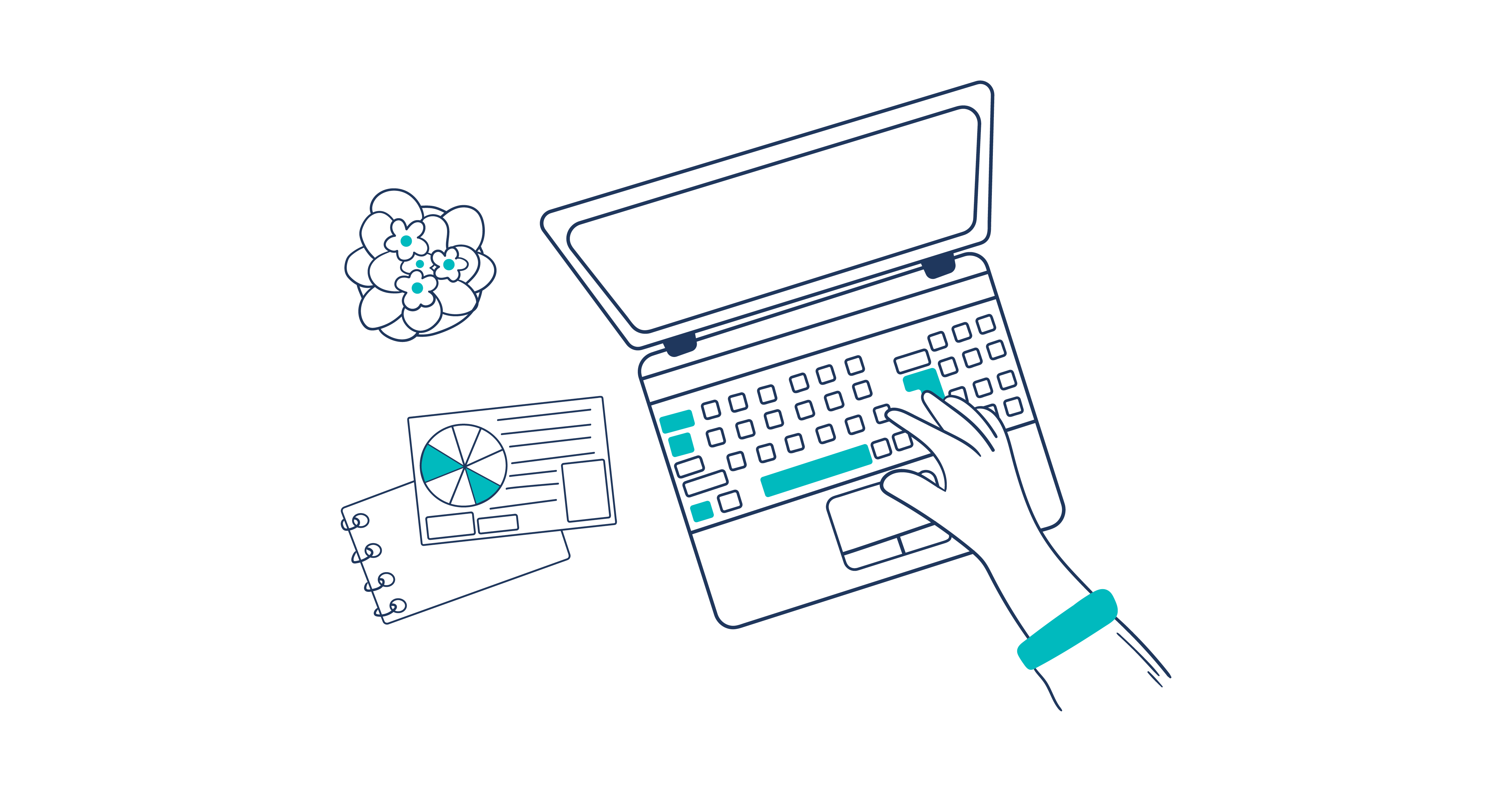 Illustration of a desk with an open laptop and notes and graphs on the side. a Hand is typing on the laptop.