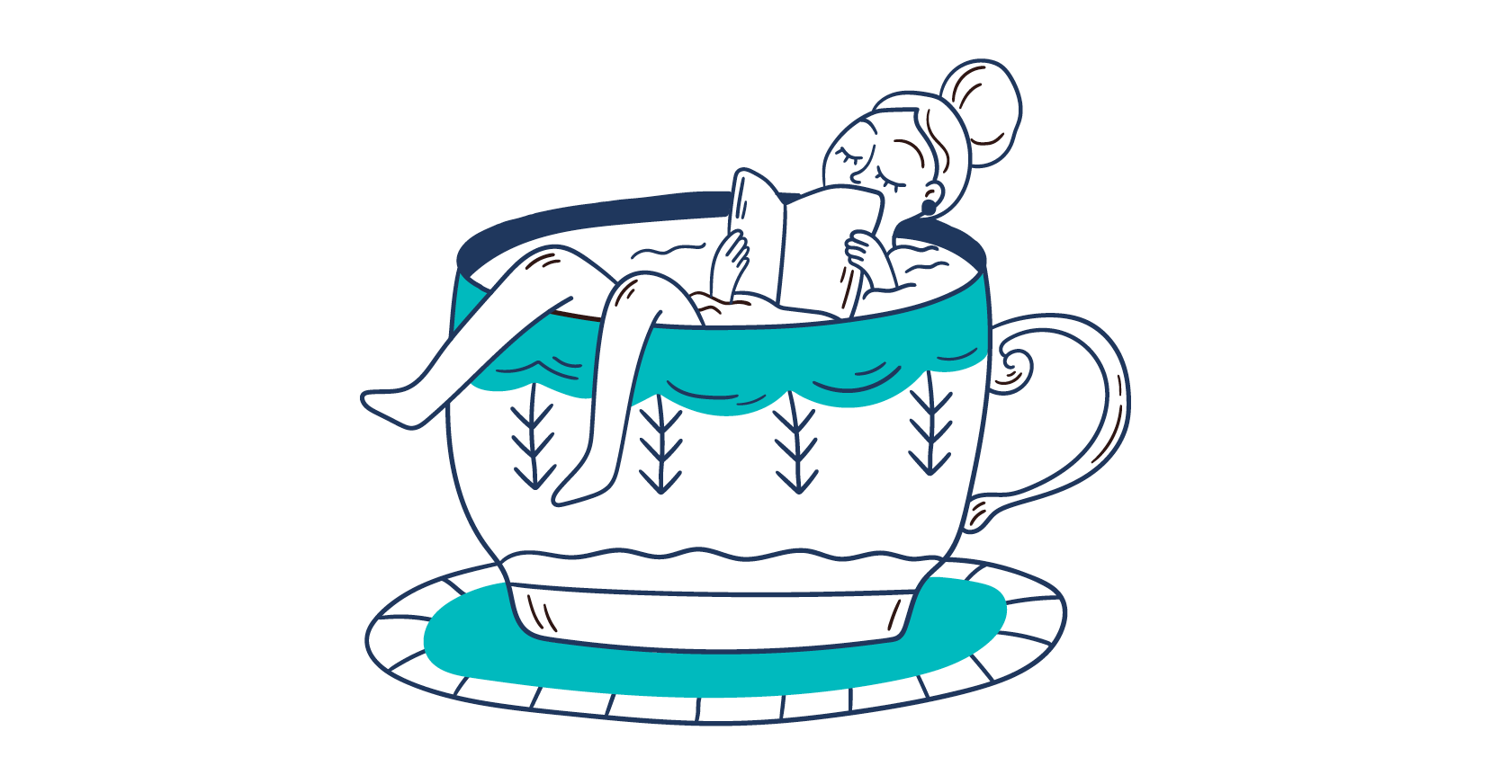 Illustration of a woman relaxing reading a book in a giant tea cup