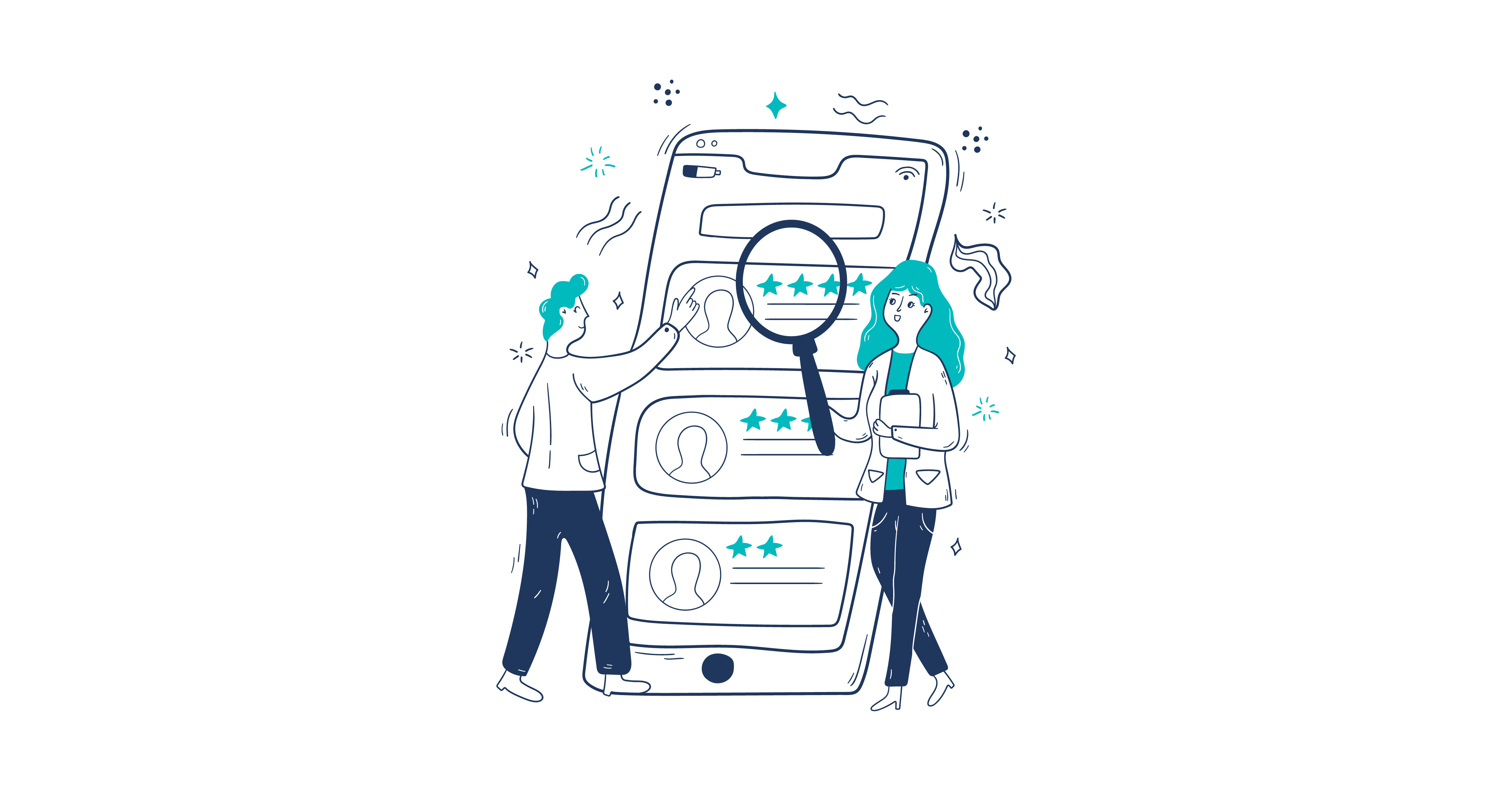 The illustration shows a man and a woman analysing online reviews on a smartphone.