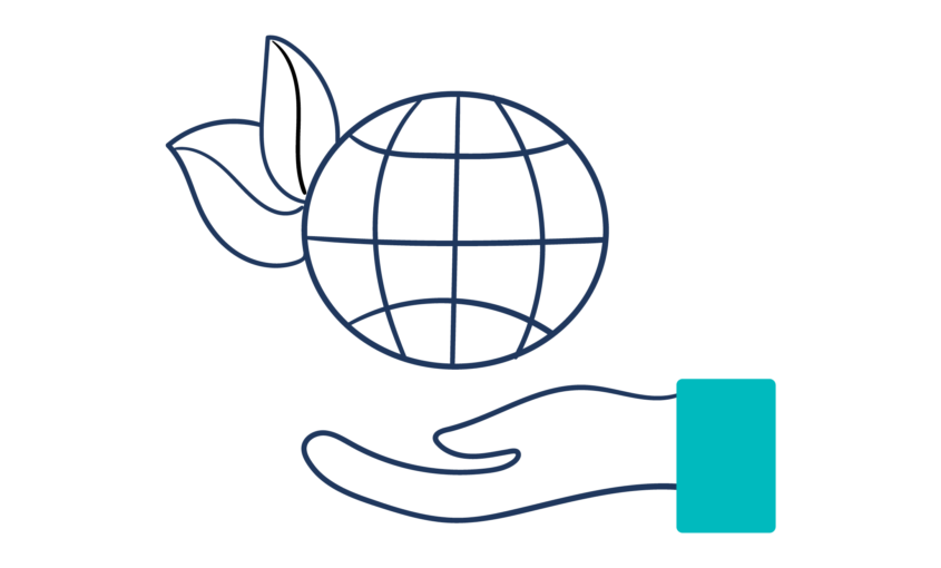 Illustration of a planet earth in the palm of a caring hand